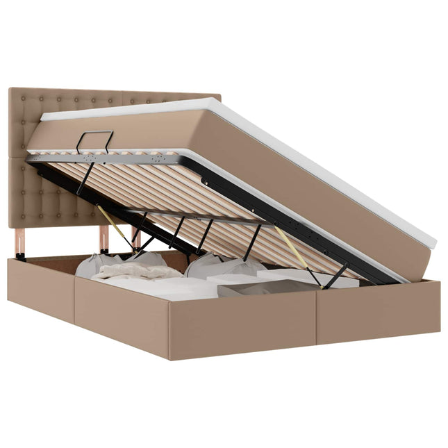 Seng med opbevaring og LED Cappuccino 140 x 190 cm Faux læder