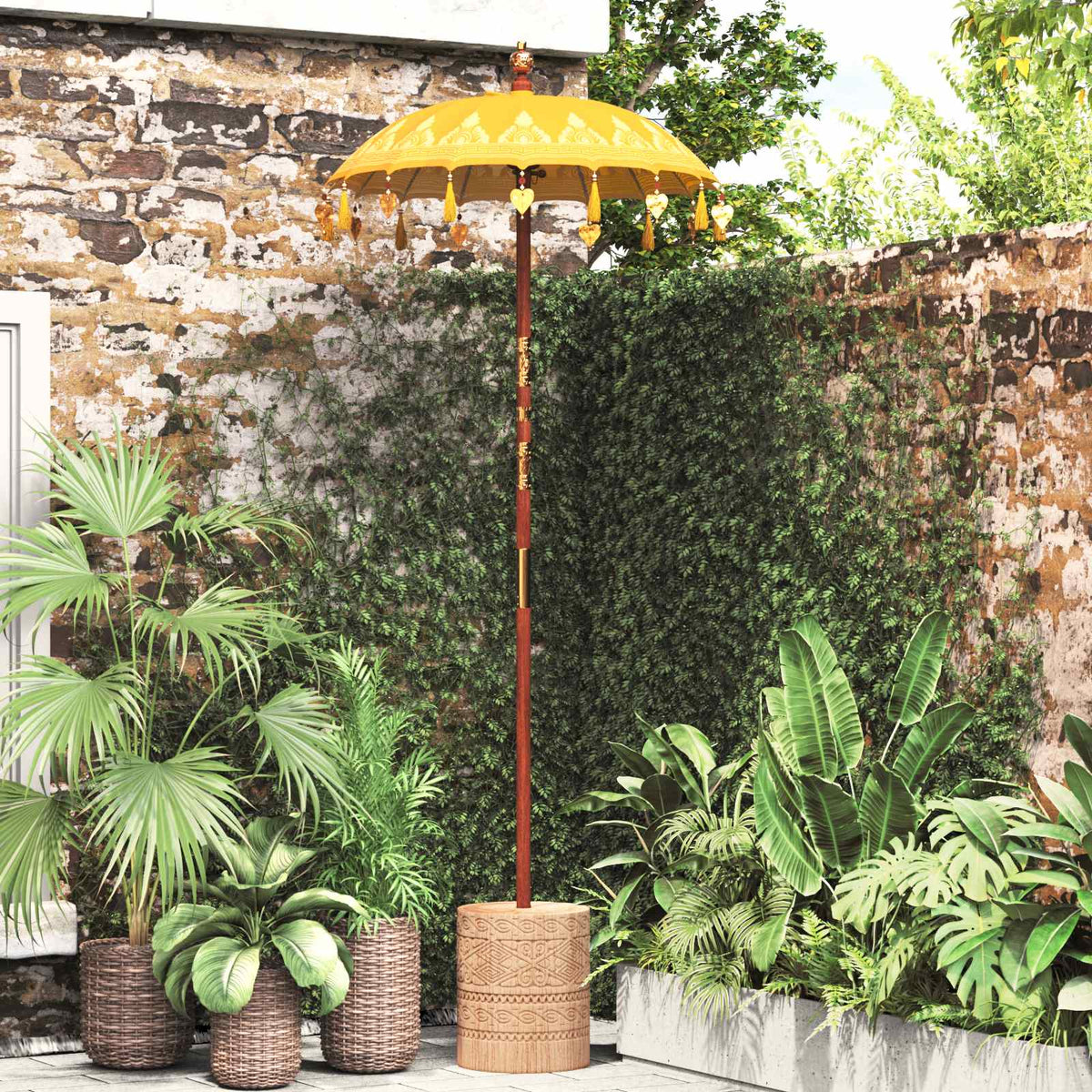 vidaXL Balinesisk parasol med base Gul 95 x 95 x 260 cm