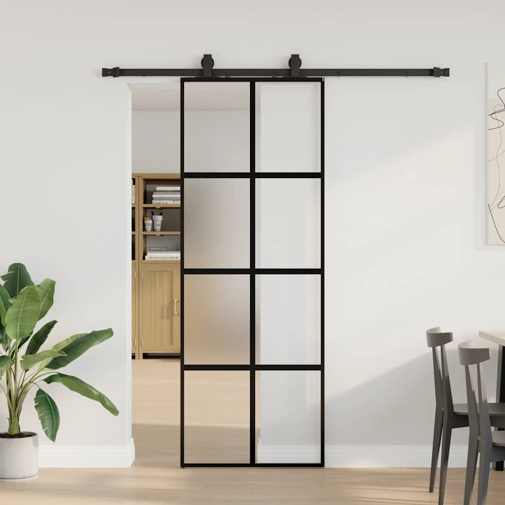 skydedør med hardwaresæt 76x205 cm hærdet glas sort