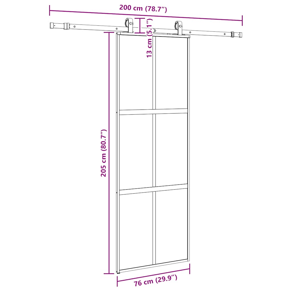 skydedør med hardwaresæt 76x205 cm hærdet glas sort
