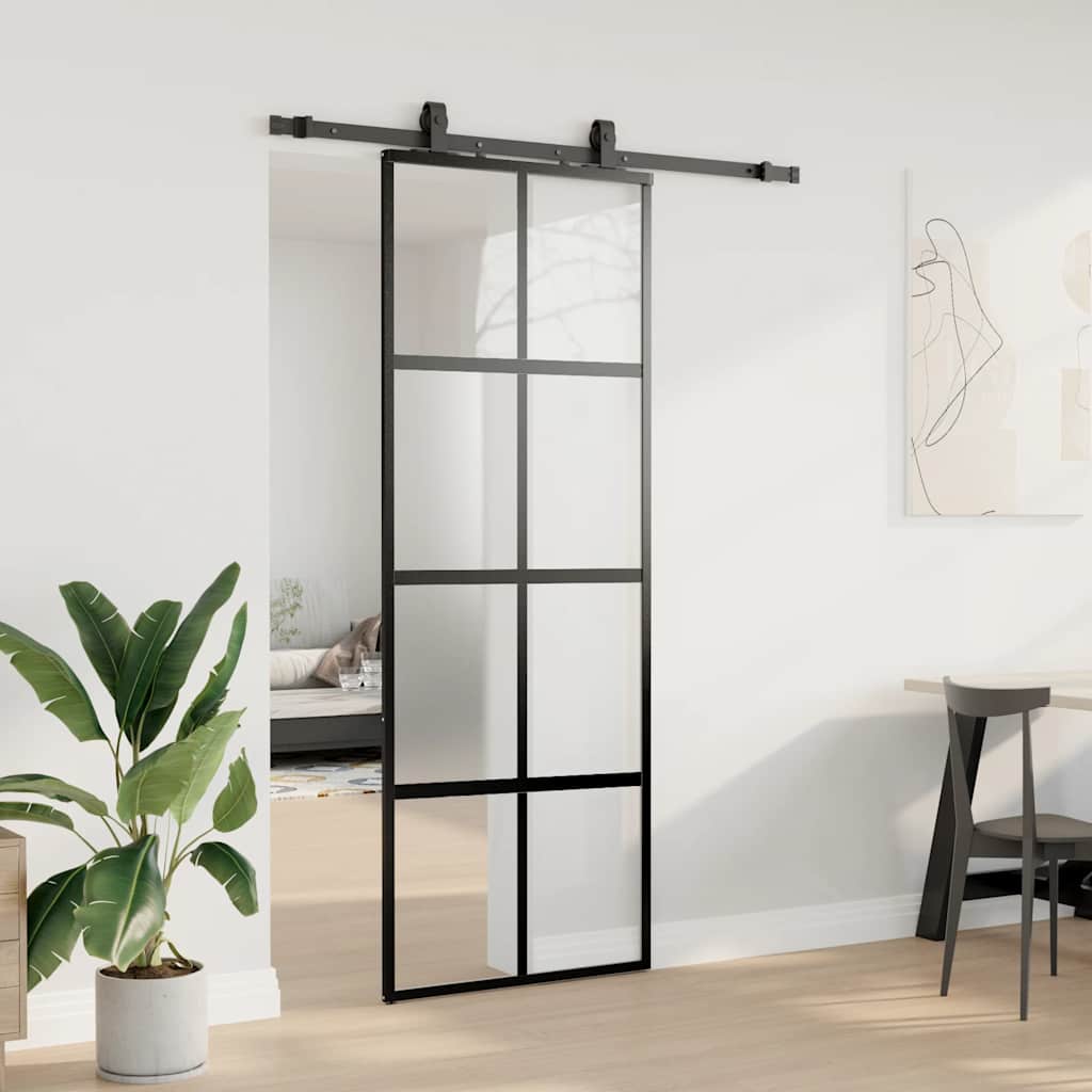 skydedør med hardwaresæt 76x205 cm hærdet glas sort