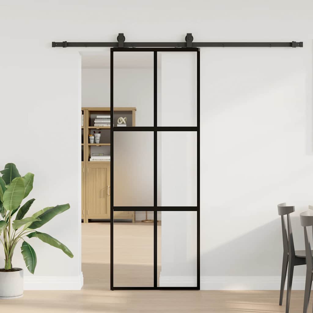 skydedør med hardwaresæt 76x205 cm hærdet glas sort