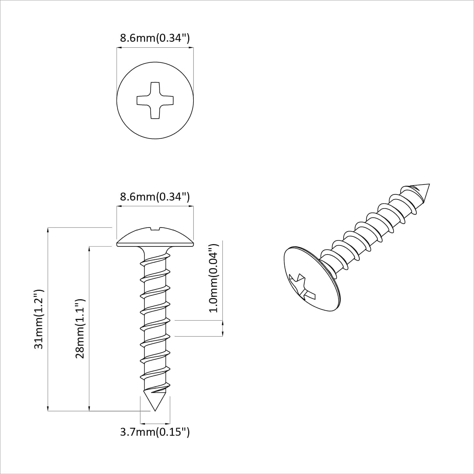 Træskrue 12 pcs Sølv M4 x 28 mm Jern