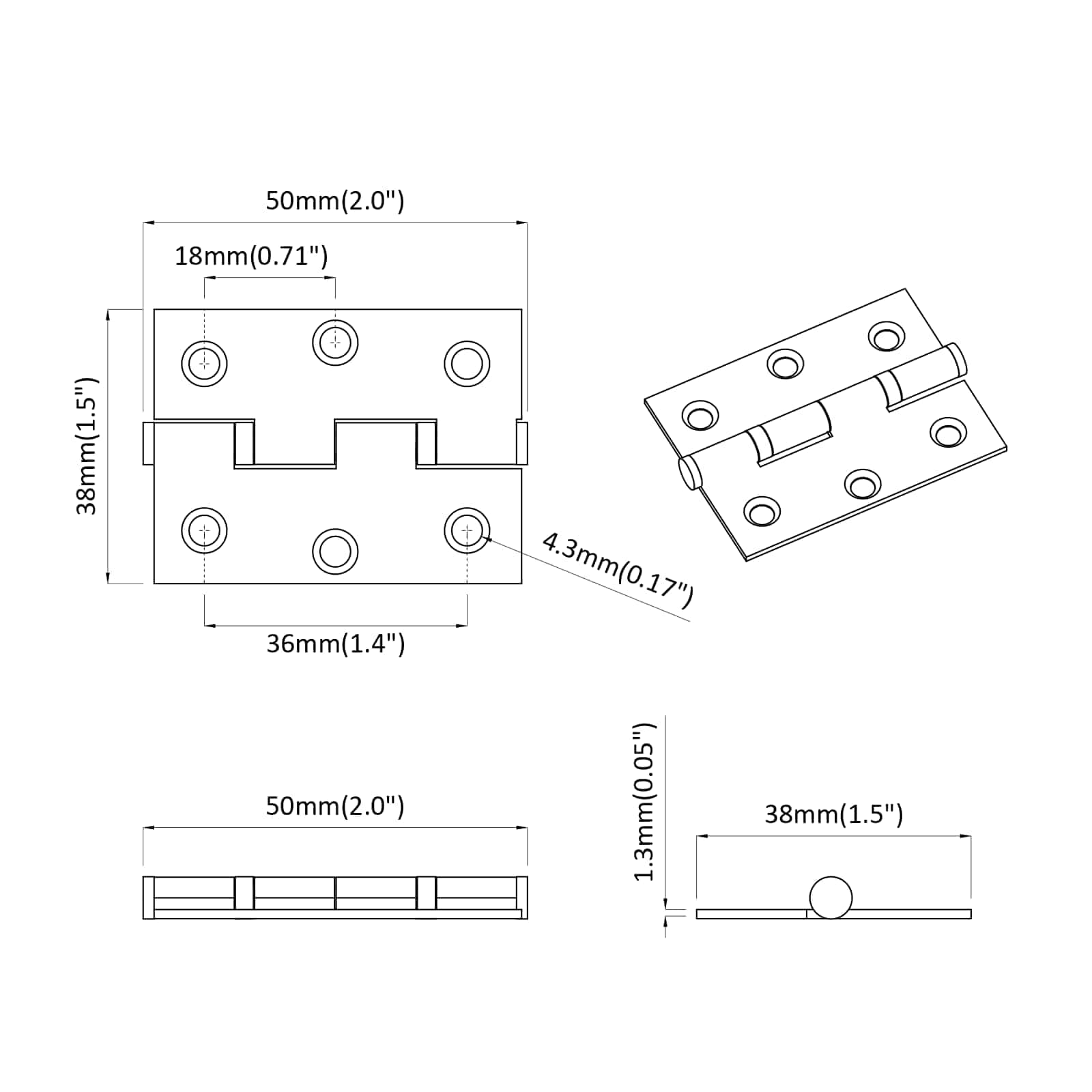 Hængsel 2 pcs Sølv 50 x 38 x 1,3 mm Stål