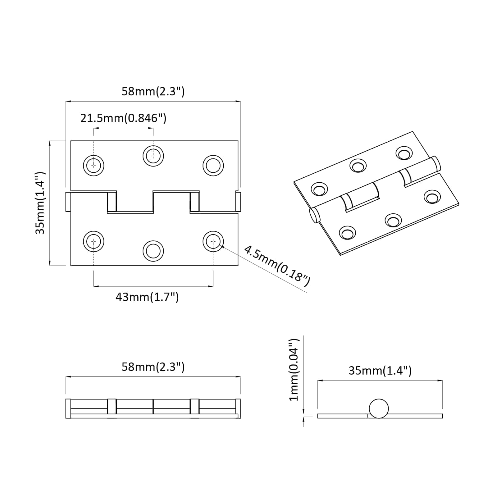 Hængsel Ensfarvet 12 pcs Sølv 58 x 35 x 1 mm Stål