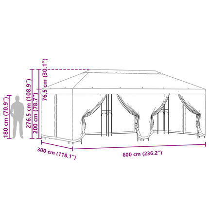 Pavillon med sidetapper 6 x 3 m Sort Polyester og Stål 190