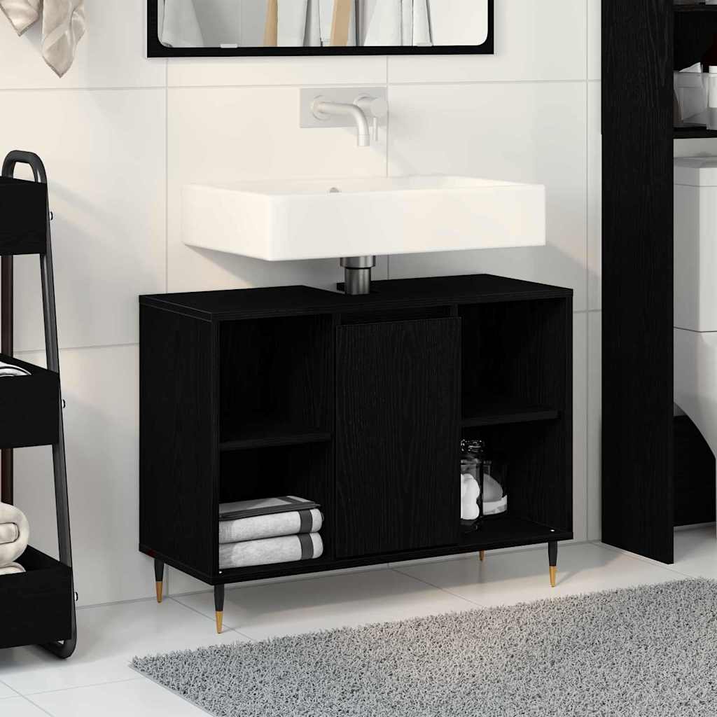 Badeværelsesskab med hylde Sort 80 x 33 x 60 cm Konstrueret træ billede