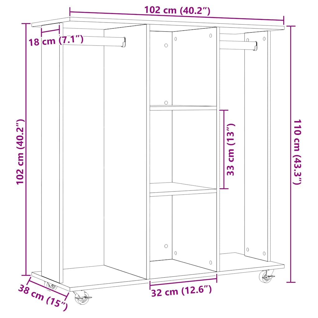 Garderobe med hjul artisan eg 102 x 38 x 110 cm Konstrueret træ