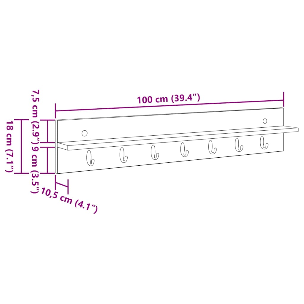 Vægmonteret Jakkeholder med hylde Sort eg 100 x 10.5 x 18 cm