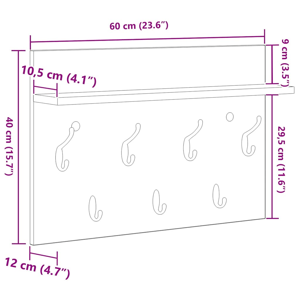 Vægmonteret Jakkeholder med hylde Grå sonoma-eg 60 x 40 x 12 cm