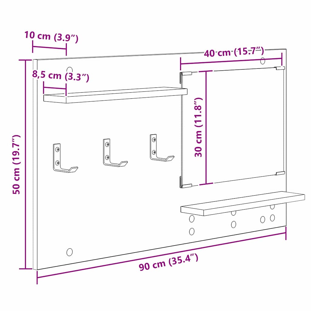 Vægmonteret Jakkeholder Sort eg 90 x 10 x 50 cm Konstrueret træ
