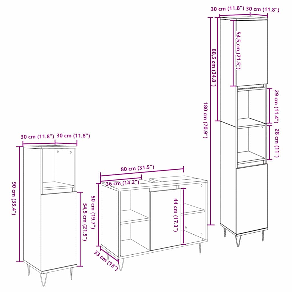 Badeværelsesmøbel sæt med hylde 3 pcs Sort eg Konstrueret træ