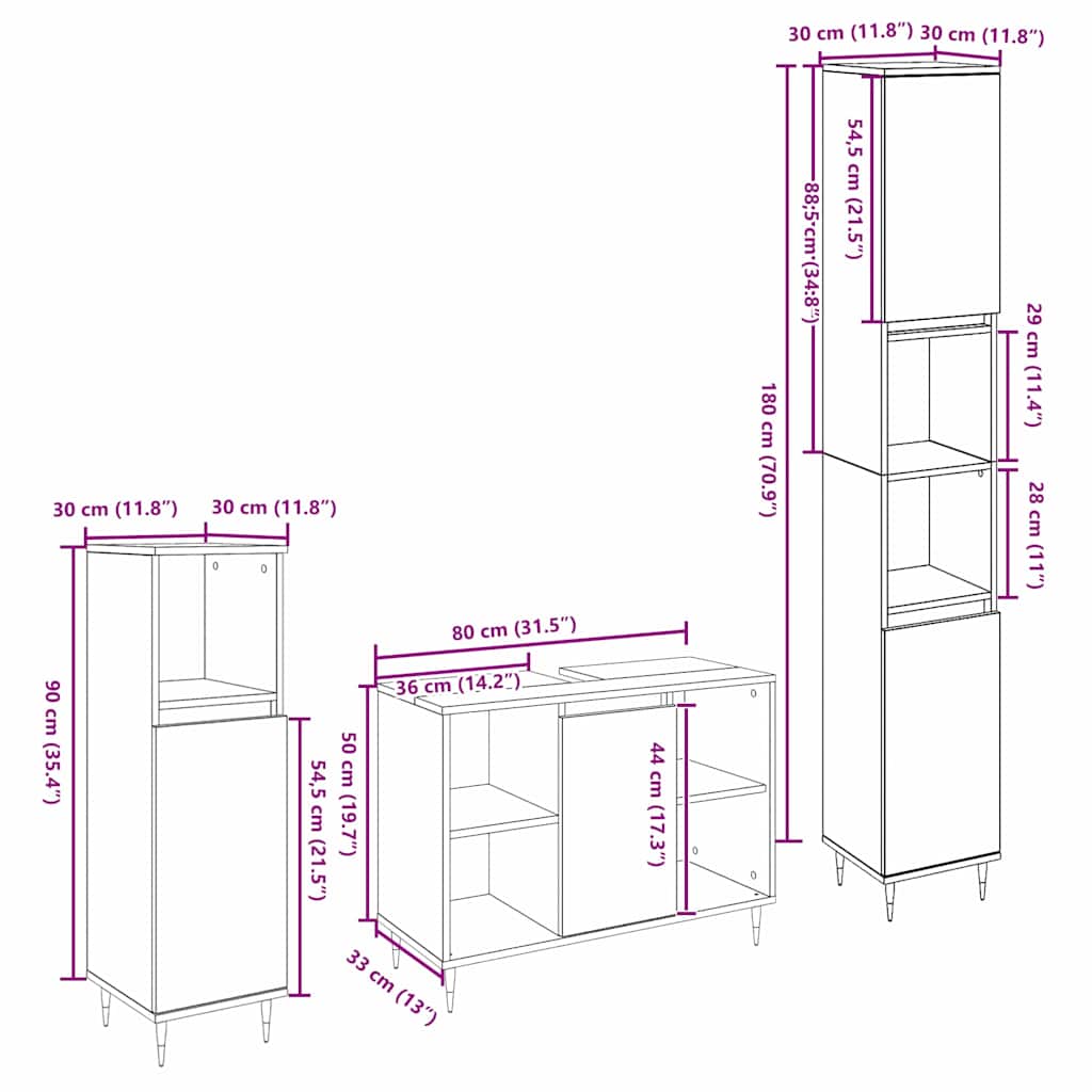 Badeværelsesmøbel sæt med dør 3 pcs Gammelt træ Konstrueret træ