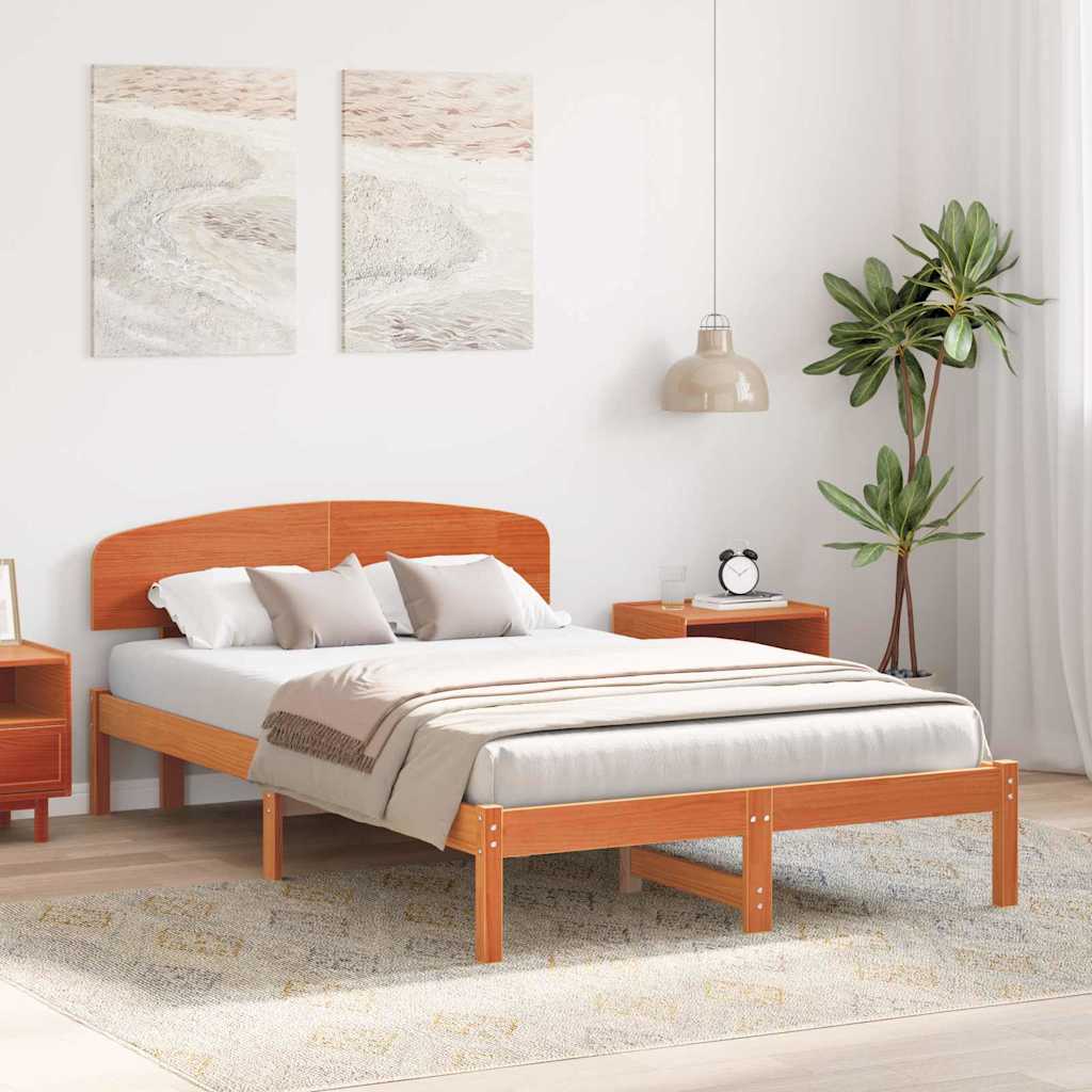 Sengestel med hovedgærde Voks brun 135 x 190 cm Massiv fyrretræ
