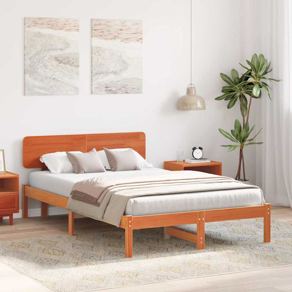 Sengestel med hovedgærde Voks brun 135 x 190 cm Massiv fyrretræ