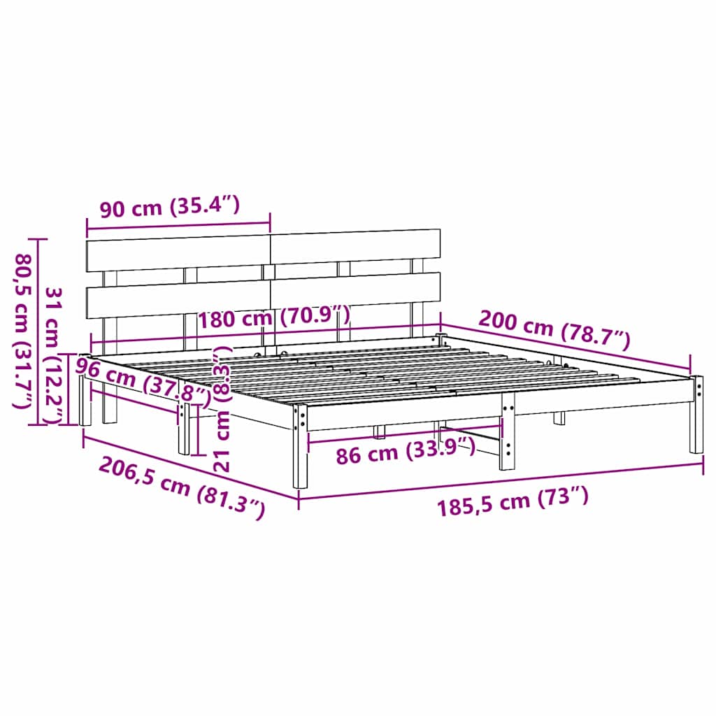 Sengestel med hovedgærde Hvid 180 x 200 cm Massivt fyrretræ