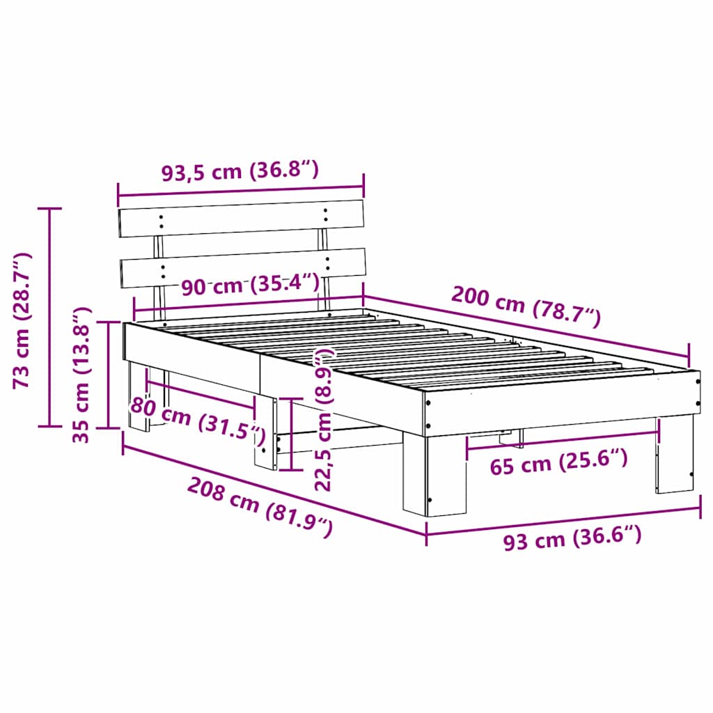 Sengestel med hovedgærde Voks brun 90 x 200 cm Massiv fyrretræ