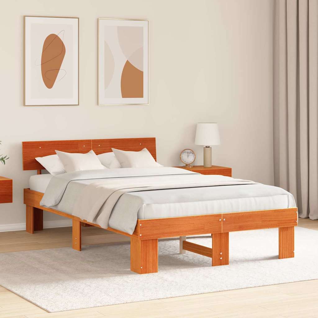 Sengestel med hovedgærde Voks brun 135 x 190 cm Massiv fyrretræ