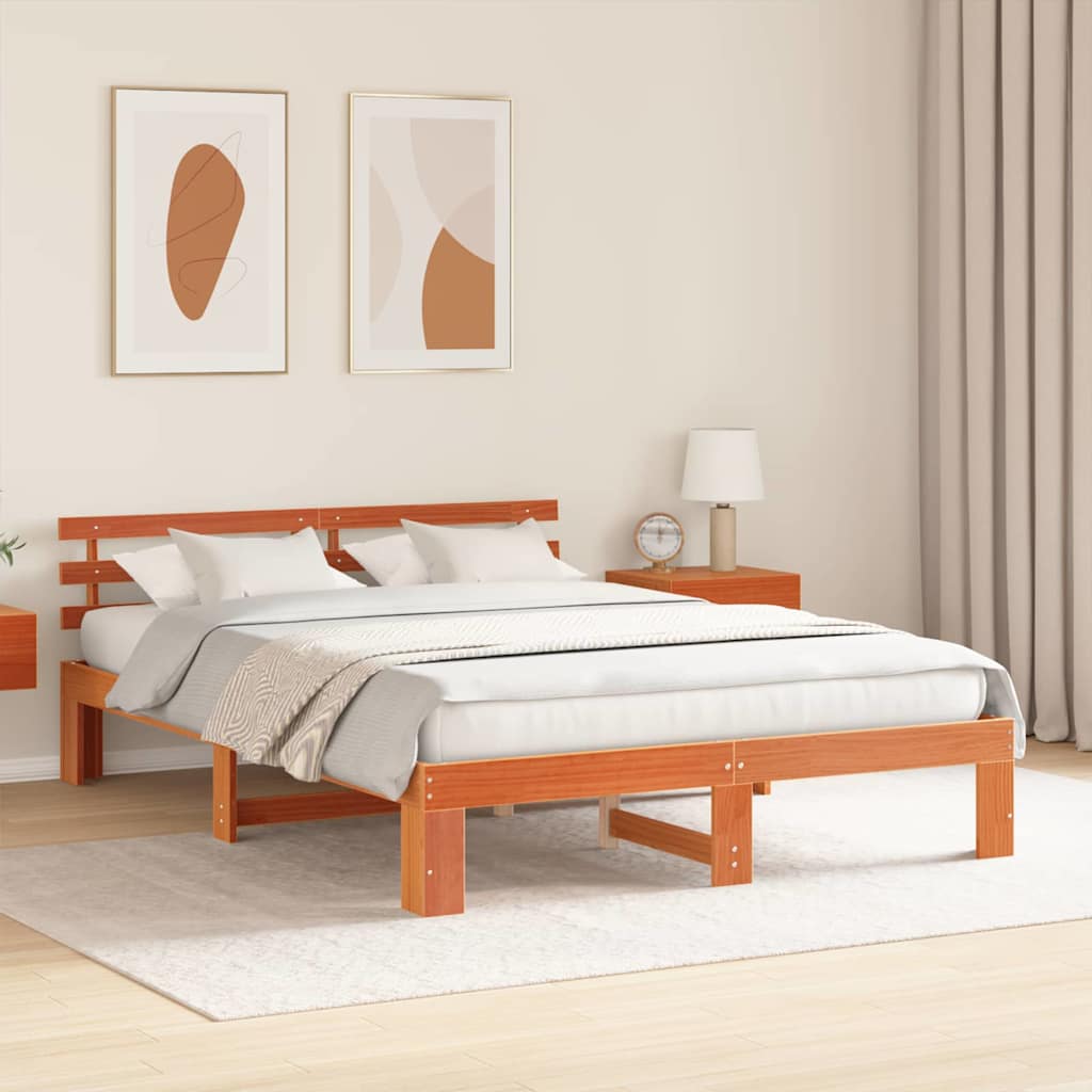 Sengestel med hovedgærde Voks brun 140 x 200 cm Massiv fyrretræ