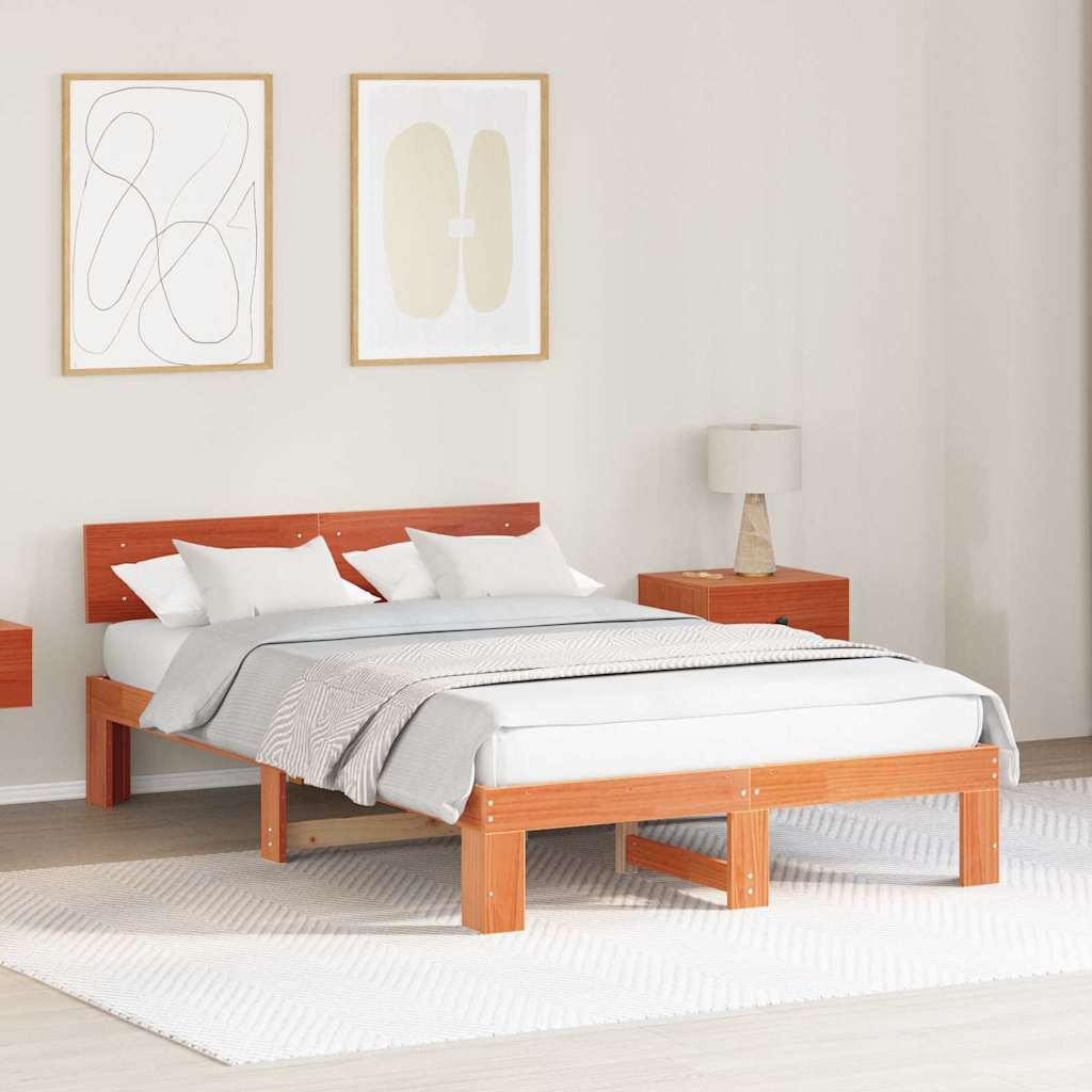 Sengestel med hovedgærde Voks brun 140 x 190 cm Massiv fyrretræ