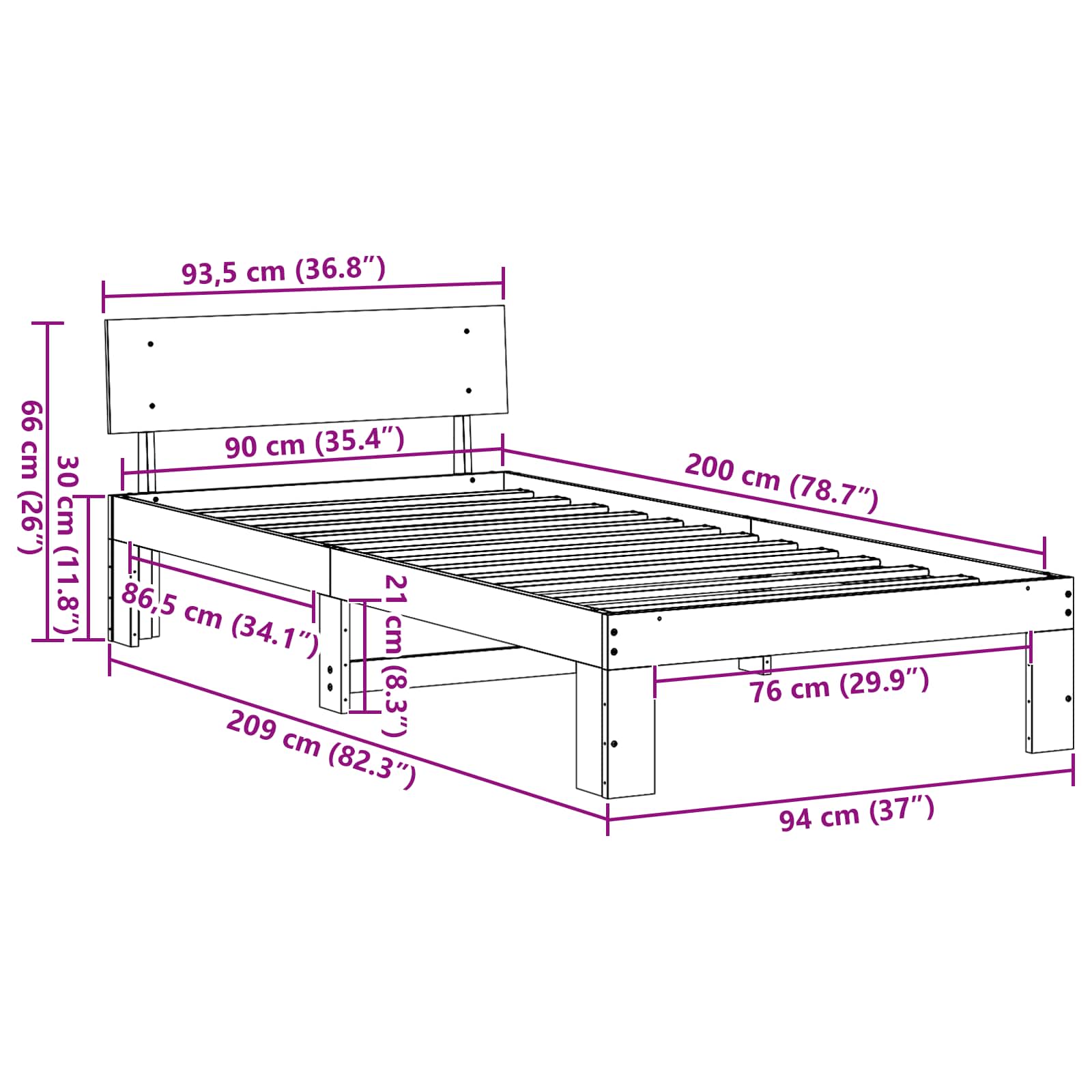 Sengestel Naturfarvet 90 x 200 cm Massiv fyrretræ