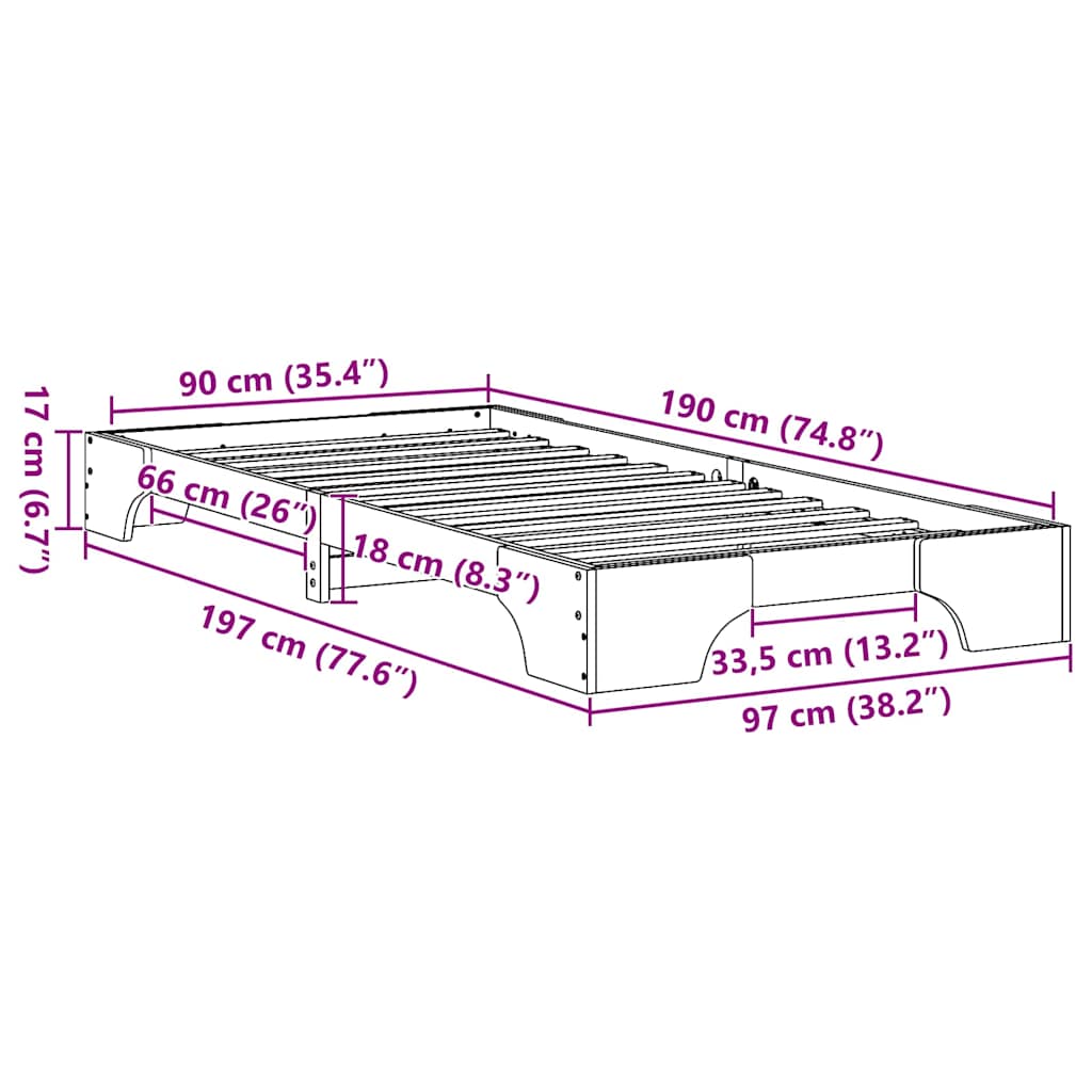 Sengestel Naturfarvet 90 x 190 cm Massiv fyrretræ