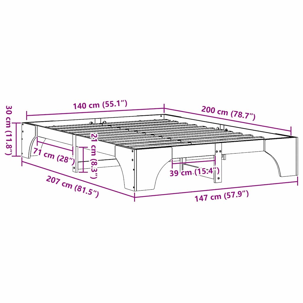 Sengestel Naturfarvet 140 x 200 cm Massiv fyrretræ