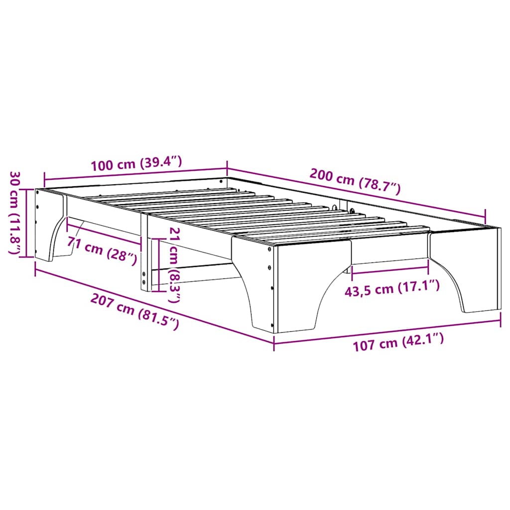 Sengestel Naturfarvet 100 x 200 cm Massiv fyrretræ