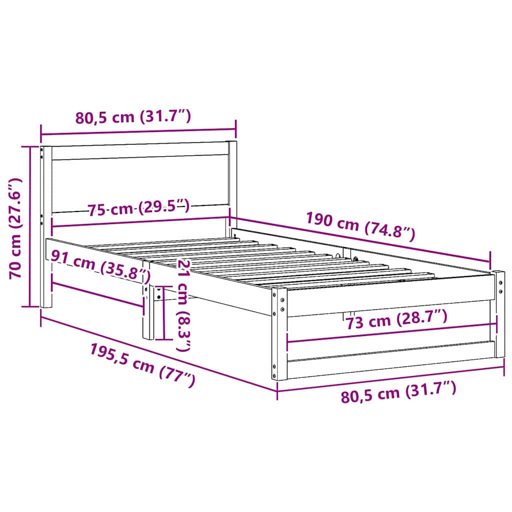 Sengestel Naturfarvet 75 x 190 cm Massiv fyrretræ