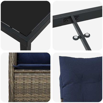 Bord- og stol sæt med pude 3 pcs Grå PE Rattan