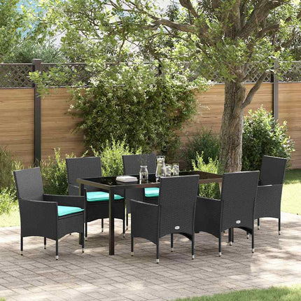 Bord- og stol sæt med pude 7 pcs Sort PE Rattan