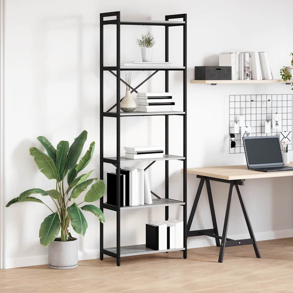 Bogreol i grå sonoma-eg 60 × 30 × 189,5 cm - konstrueret træ og sort stål