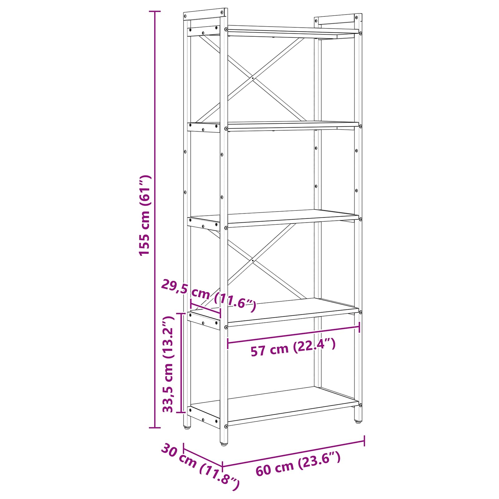 Bogreol Sonoma eg 60 x 30 x 155 cm Konstrueret træ