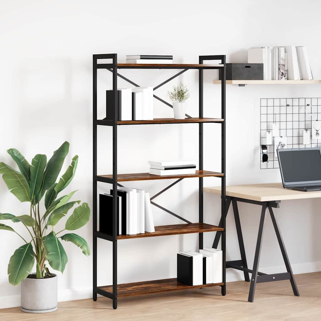 Bogreol i røget eg - 80 × 30 × 155 cm, konstrueret træ med sort stålramme