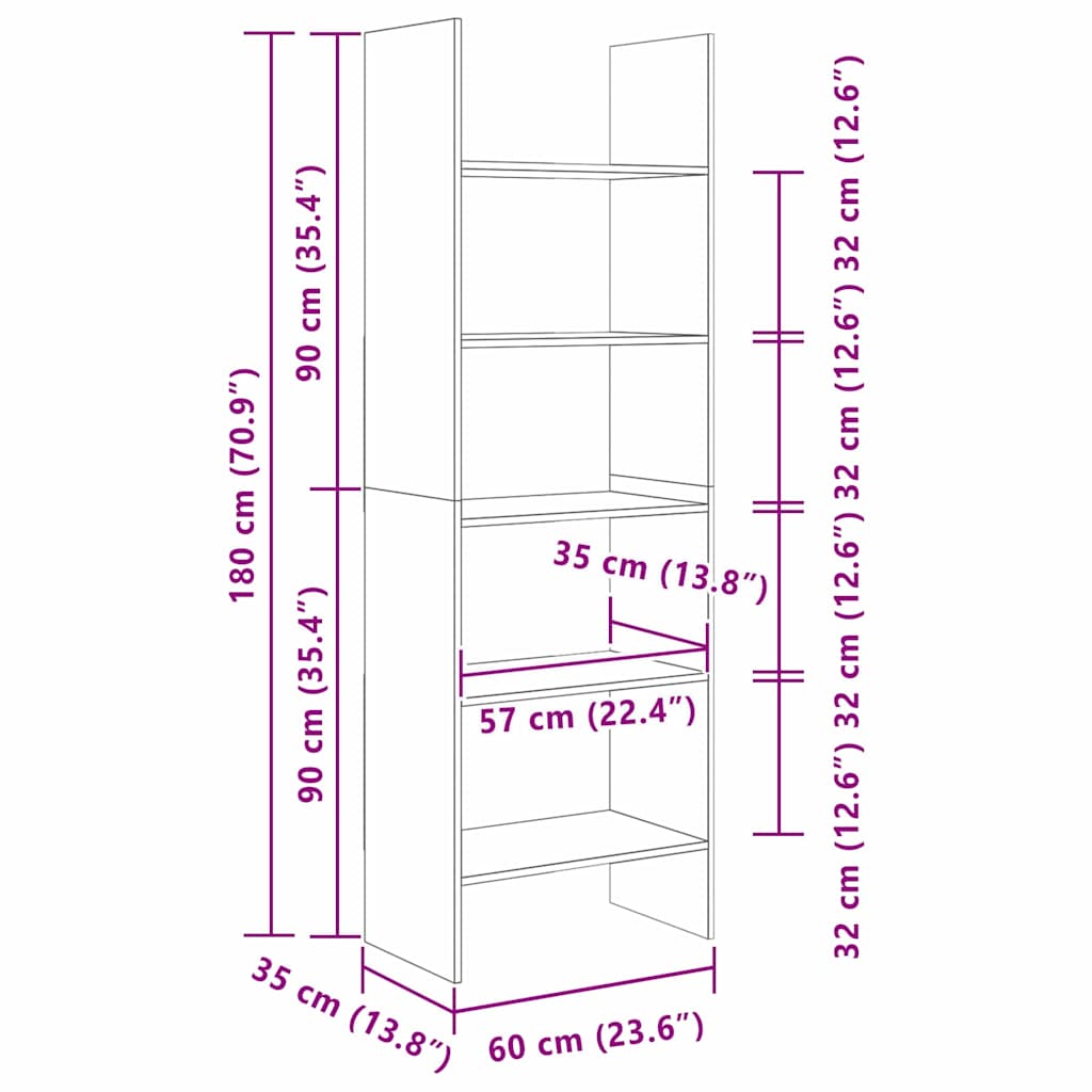 Bogskab Sort eg 60 x 35 x 180 cm Konstrueret træ