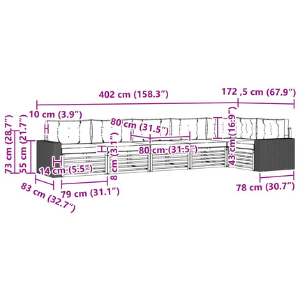 Udendørs sofagruppe 6 pcs Naturlig og Fløde 402 x 172,5 x 73 cm