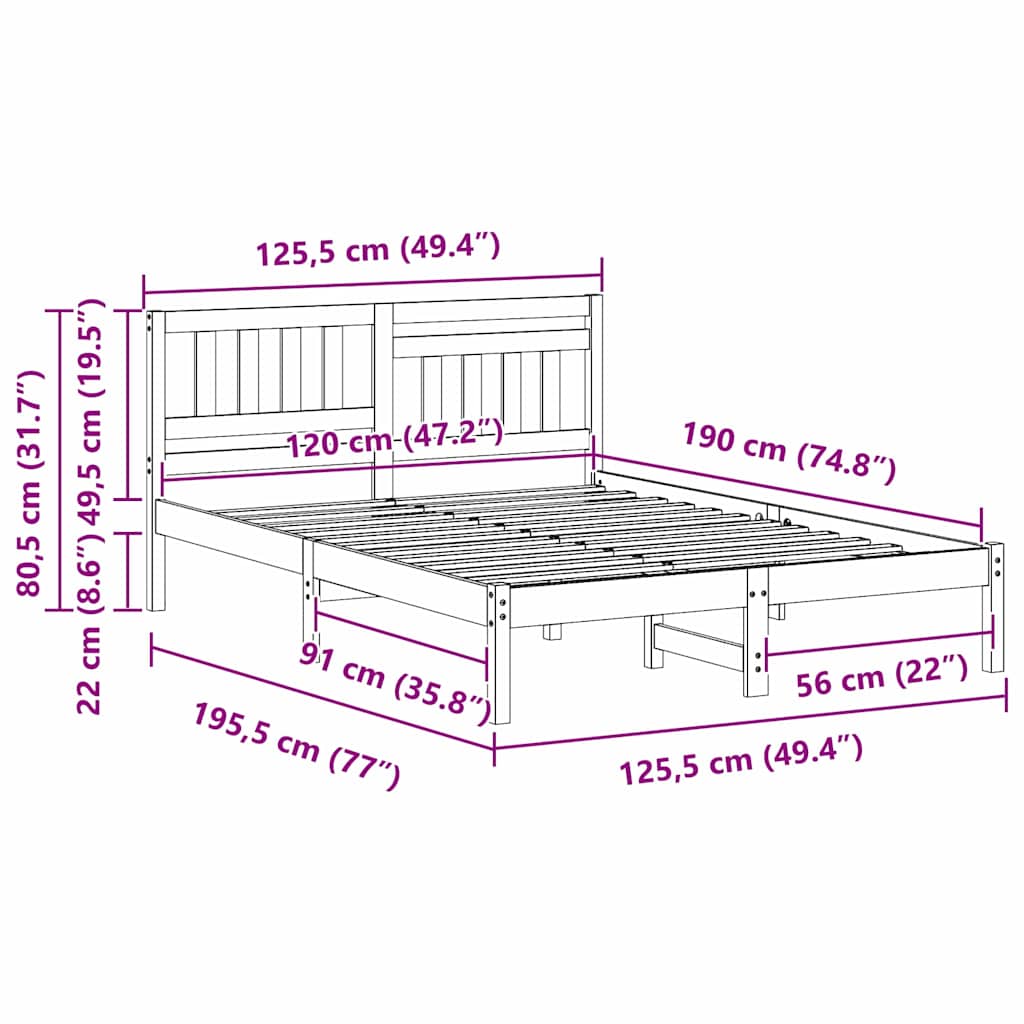 Sengestel med hovedgærde Brun 120 x 190 cm Massiv fyrretræ