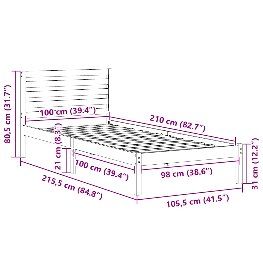 Sengestel med hovedgærde Hvid 100 x 210 cm Massiv fyrretræ