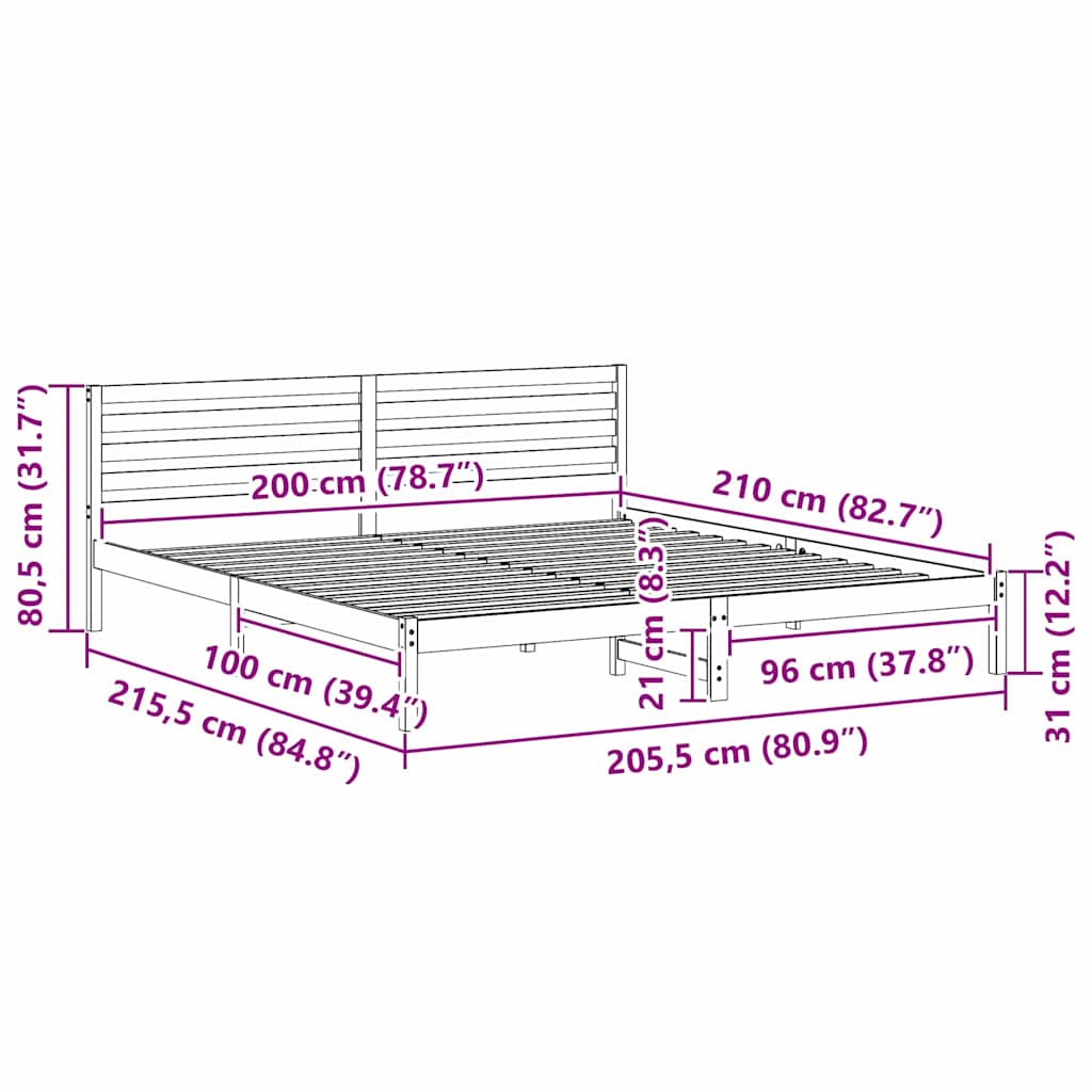 Sengestel med hovedgærde Hvid 200 x 210 cm Massiv fyrretræ