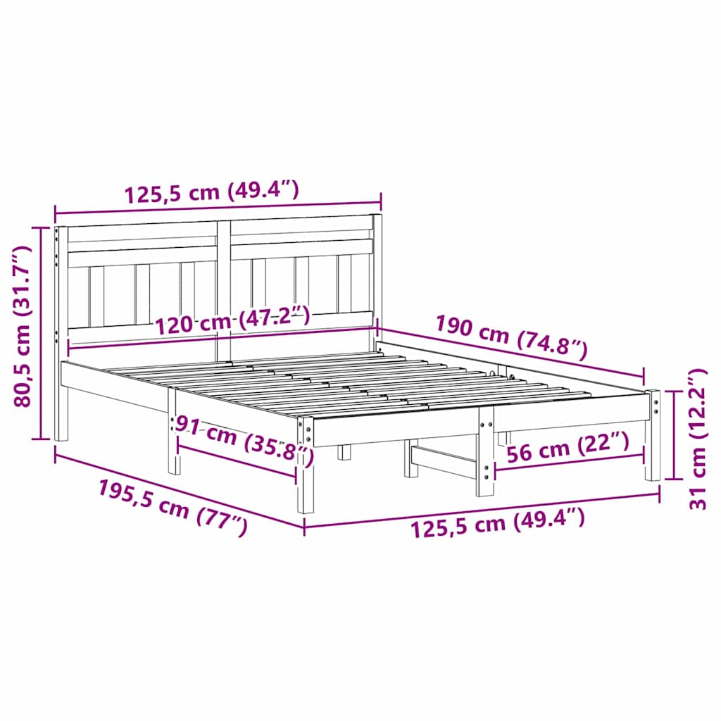 Sengestel Brun 120 x 190 cm Massiv fyrretræ