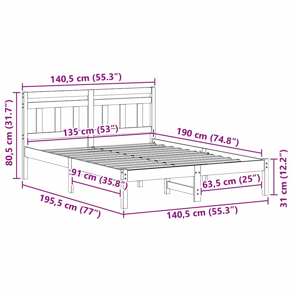 Sengestel Brun 135 x 190 cm Massiv fyrretræ