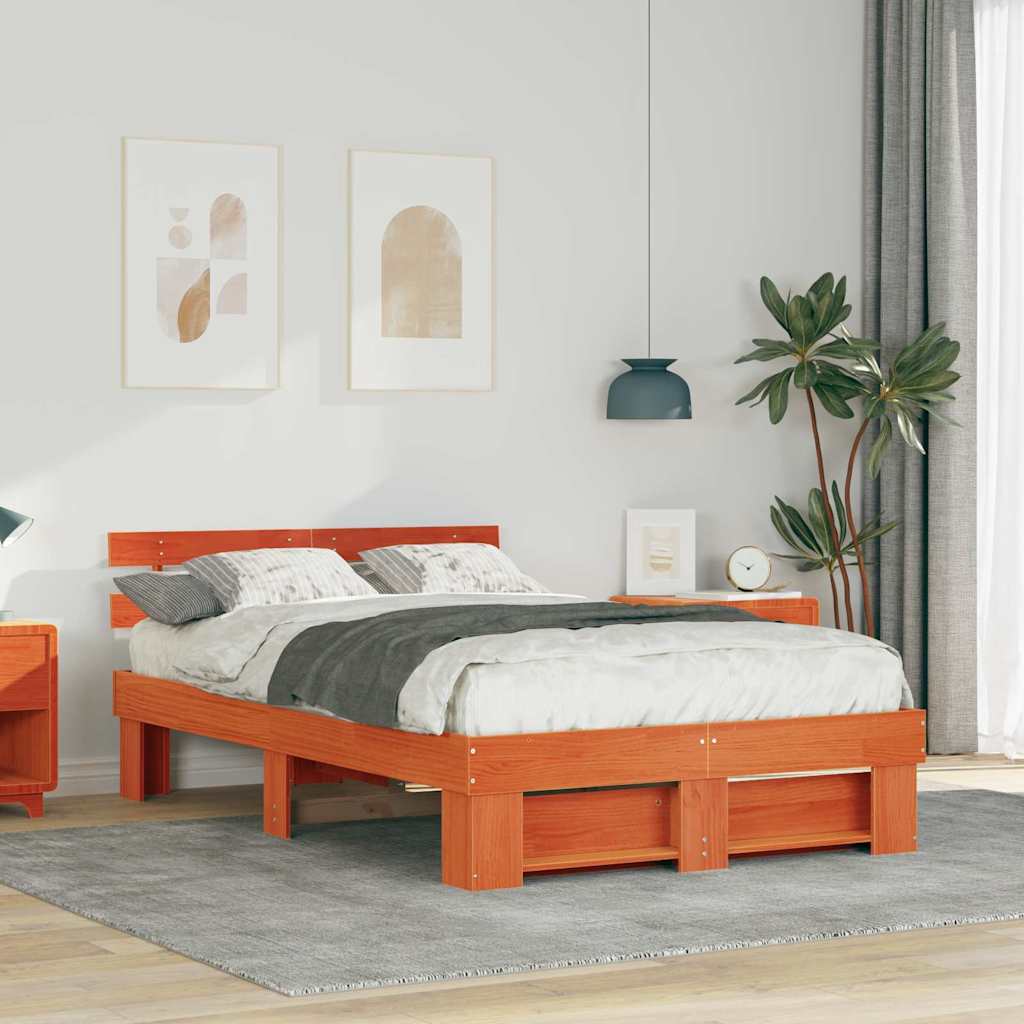 Sengestel med hovedgærde Voks brun 135 x 190 cm Massiv fyrretræ