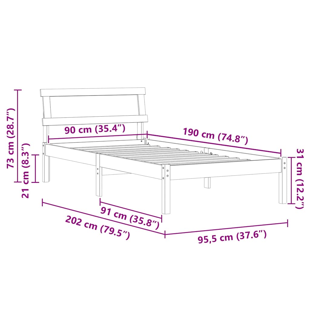 Sengestel med hovedgærde Brun 90 x 190 cm Massiv fyrretræ