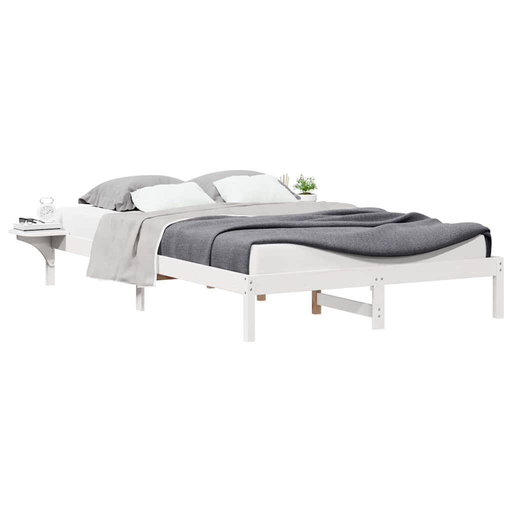 Sengestel med sideborde Hvid 160 x 220 cm Massiv fyrretræ