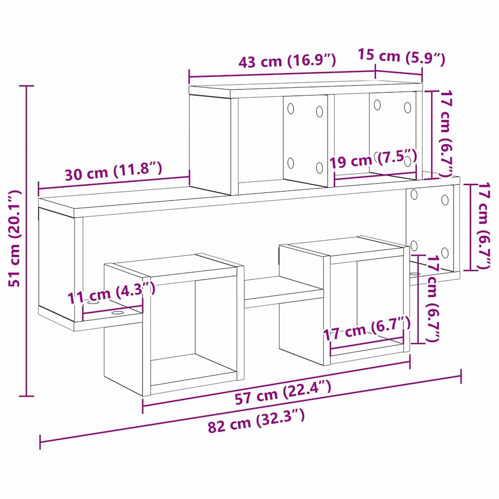 Væghylde med hylde Sort eg 82 x 15 x 51 cm Konstrueret træ