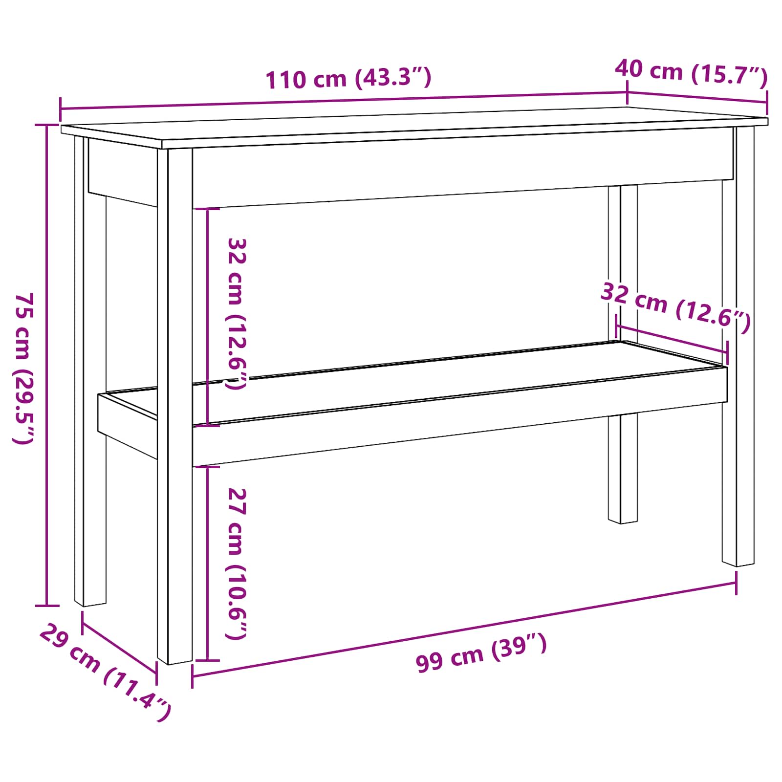 Konsolbord Gyldenbrun 110 x 40 x 75 cm Massivt fyrretræ