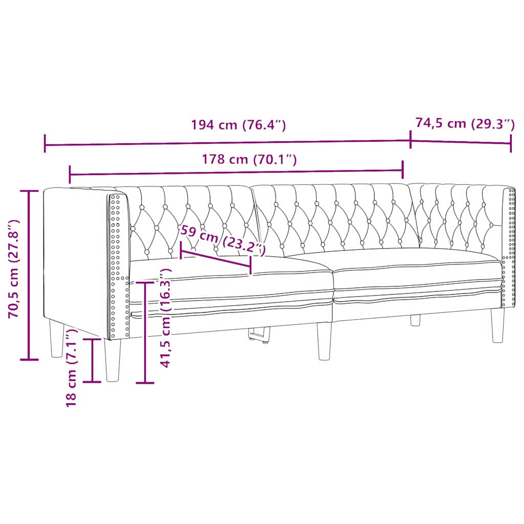 Chesterfieldsofa Argyle Sort 194 x 74.5 x 70.5 cm Kunstlæder