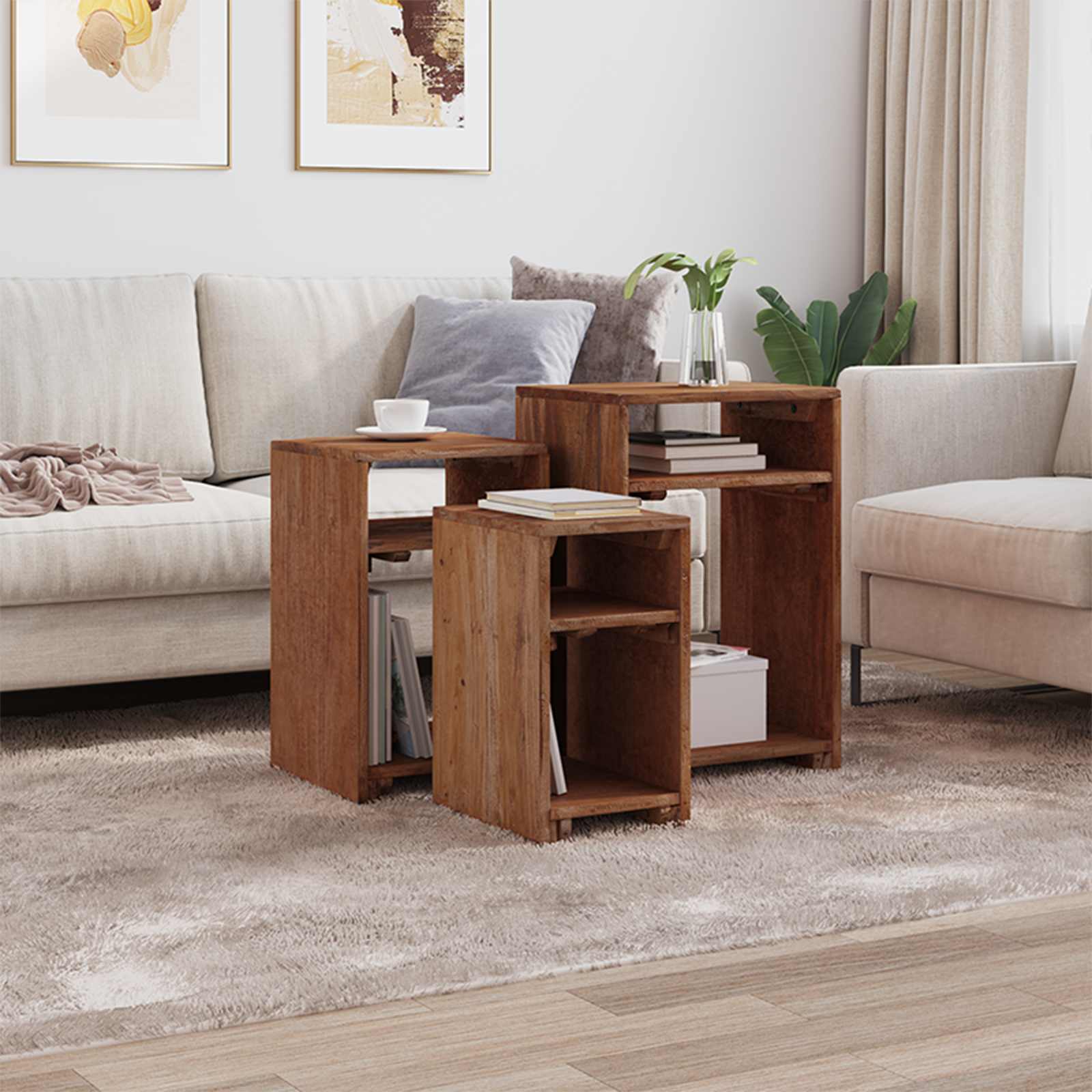 Accentbord med hylde med opbevaring 3 pcs Brun Massiv Mahogni