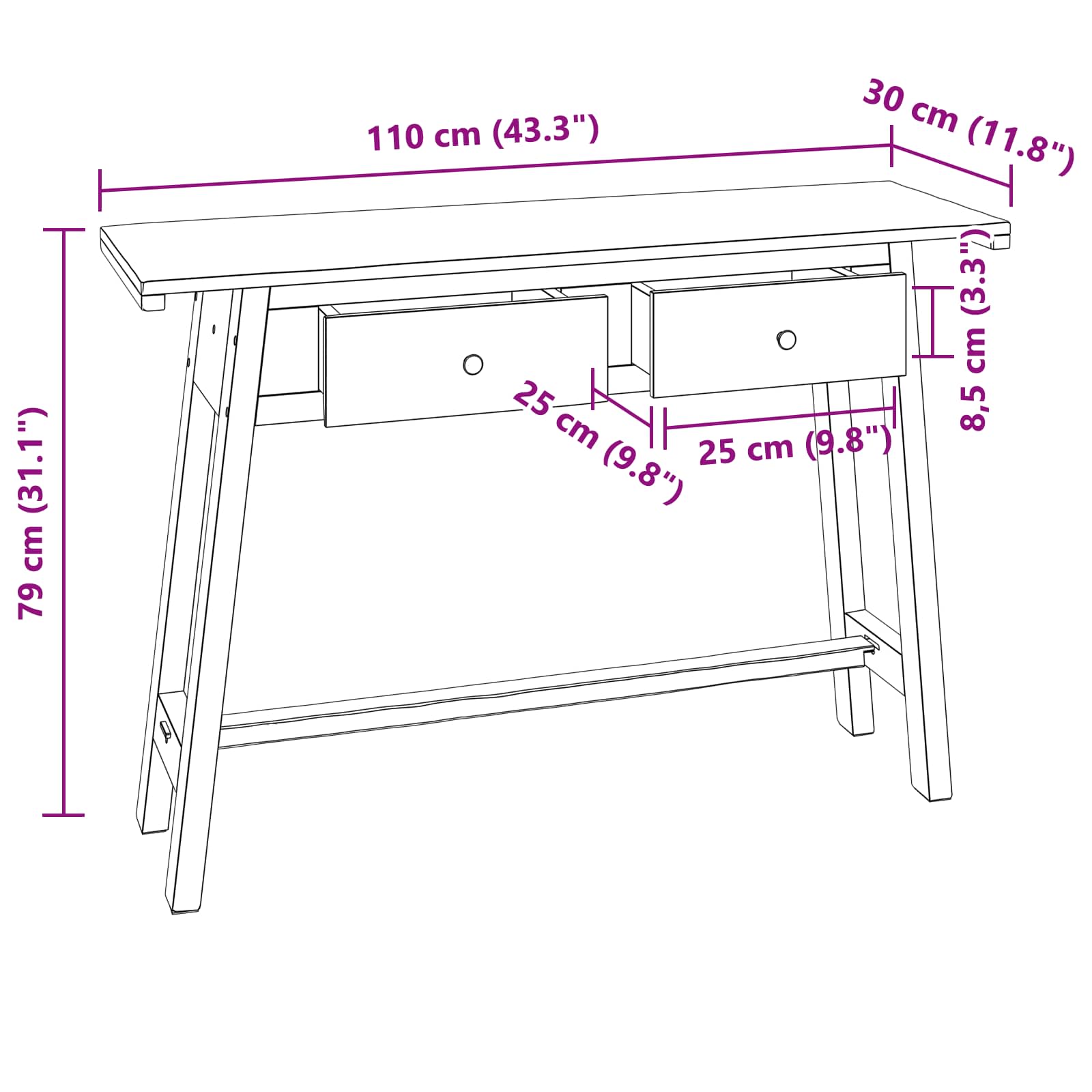 Bord med skuffe Brun 110 x 30 x 79 cm Massiv Mahogni