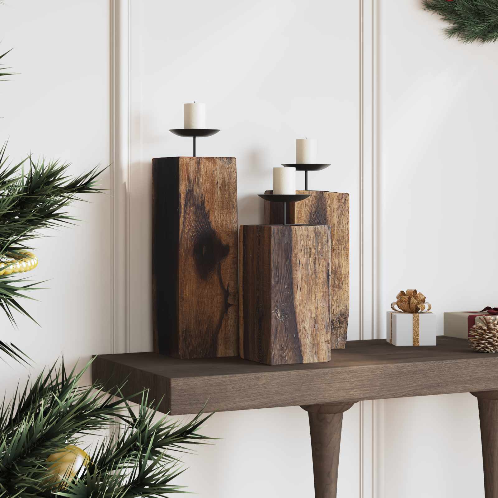 Lysestage 3 pcs Naturfarvet Massivt genbrugstræ